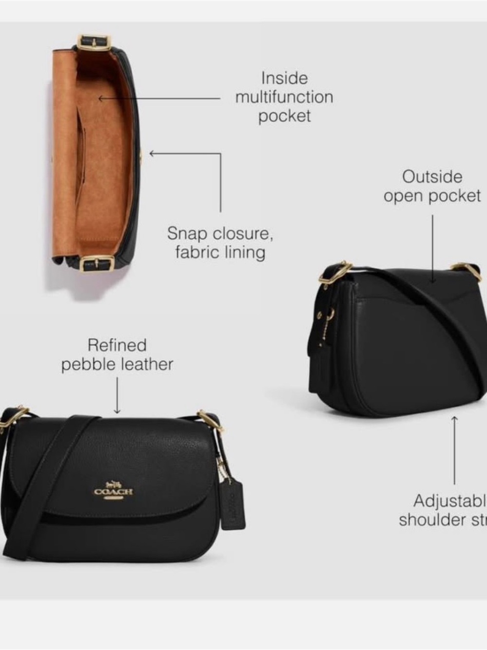 Coach Black Pebble Leather Crescent Crossbody with Gold Hardware